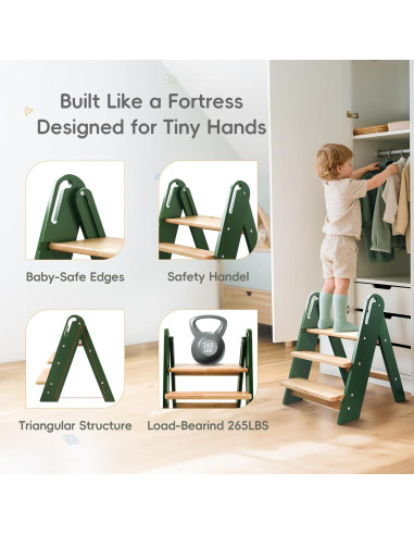 Escalera Plegable de 3 Pasos Suihuooo para Niños Verde