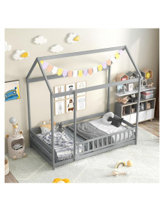 Cama Casa de Piso Twin KOMFOTT con Techo y Barandilla Gris