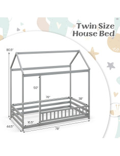 Cama Casa de Piso Twin KOMFOTT con Techo y Barandilla Gris 2