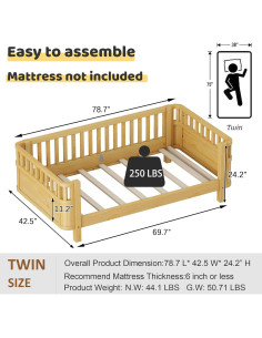 Cama Infantil Twin Mirightone de Madera con Barandillas Removibles 2