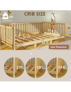 Cama Montessori de Piso Madera Pino Natural 58 cm Altura 2
