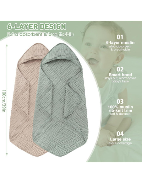Toallas de Muselina con Capucha Synrroe 2 Pack 81x81 cm