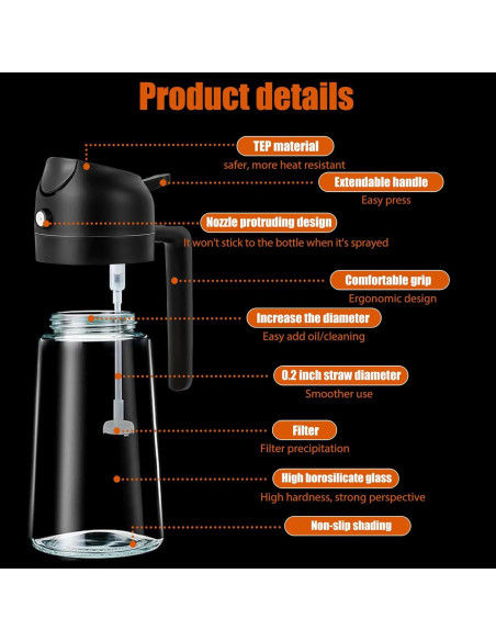 Rociador de Aceite 2 en 1 LUTITASD 470ml Vidrio Negro/Blanco