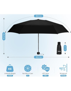 Paraguas Mini Compacto Yoobure Negro 100 cm UV 99% Portátil 2