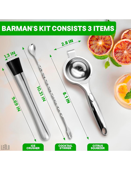Set de Cócteles LEGLO 3 Piezas - Exprimidor, Cuchara y Muddler