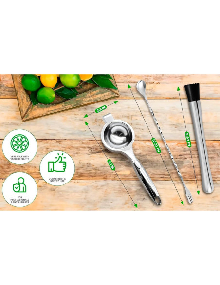 Set de Cócteles LEGLO 3 Piezas - Exprimidor, Cuchara y Muddler