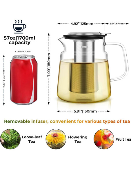 Tetera de Vidrio Aquach 1.68L con Infusor Acero Inoxidable