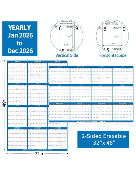 Calendario de Pared Borrable Kuraoyan 2026 81x122 cm Azul