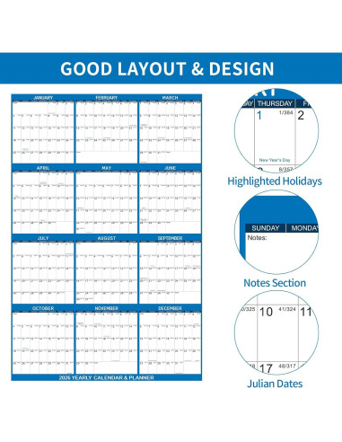 Calendario de Pared Borrable Kuraoyan 2026 81x122 cm Azul