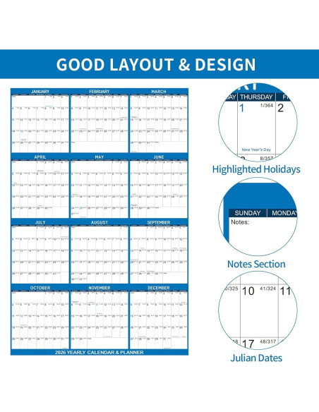 Calendario de Pared Borrable Kuraoyan 2026 81x122 cm Azul