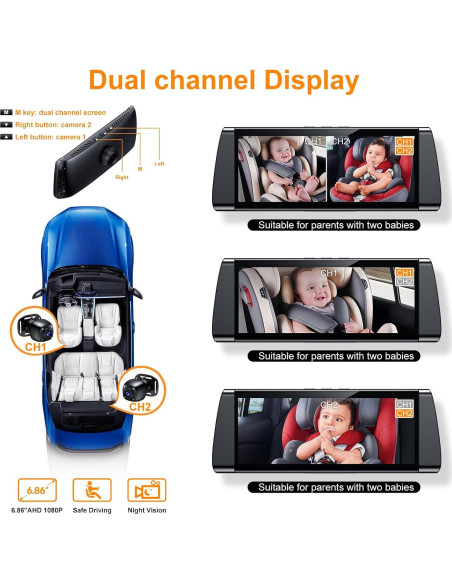 Cámara de Auto para Bebés BOEYOS BM300 Pantalla 7" HD