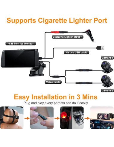 Cámara de Auto para Bebés BOEYOS BM300 Pantalla 7" HD