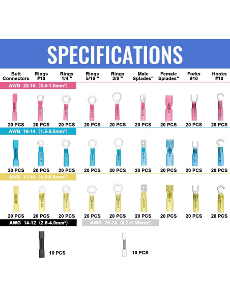 Kit 560 Conectores Termorretráctiles Qibaok 12-10 a 22-16 AWG