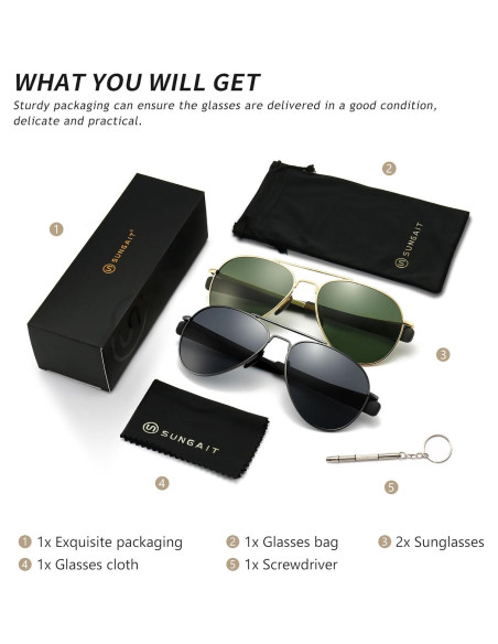 Gafas de sol aviador SUNGAIT polarizadas 100% UV400 - Paquete de 2