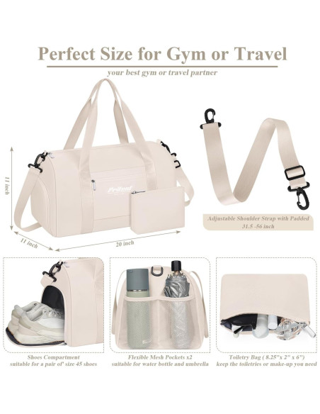 Bolsa de Gimnasio Pritent Beige con Compartimento para Zapatos 28x51cm