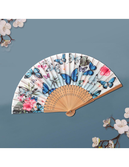 Abanico de Bambú Salutto Mariposa Azul 22.86 cm Reutilizable