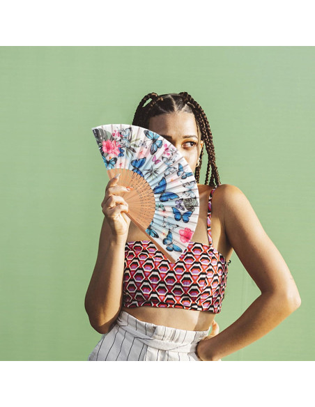 Abanico de Bambú Salutto Mariposa Azul 22.86 cm Reutilizable