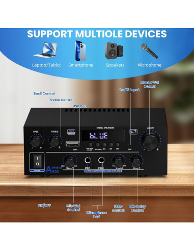 Amplificador de Audio Estéreo 1000W Bluetooth 5.3 AK55