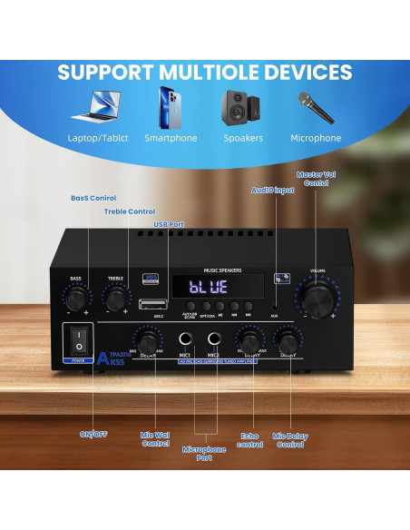 Amplificador de Audio Estéreo 1000W Bluetooth 5.3 AK55