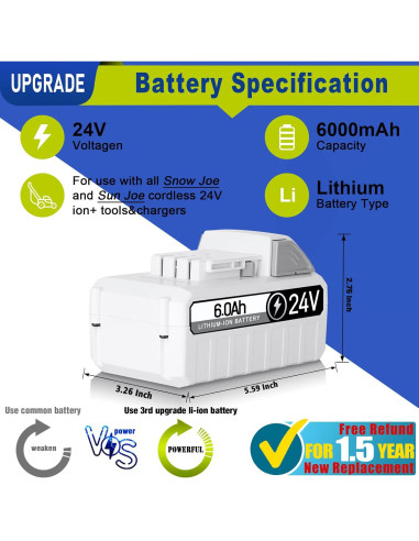 Batería de Reemplazo 24V 6.0Ah TenHutt para Snow Joe 2Pack