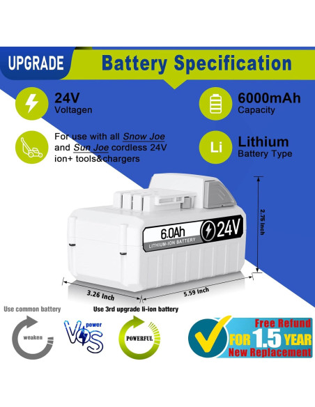 Batería de Reemplazo 24V 6.0Ah TenHutt para Snow Joe 2Pack