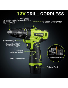 Kit de Herramientas de Taladro Inalámbrico POWKITS 12V 142 Piezas 2