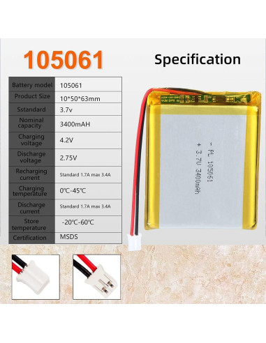 Batería de polímero de litio AKZYTUE 3.7V 3400mAh 105061