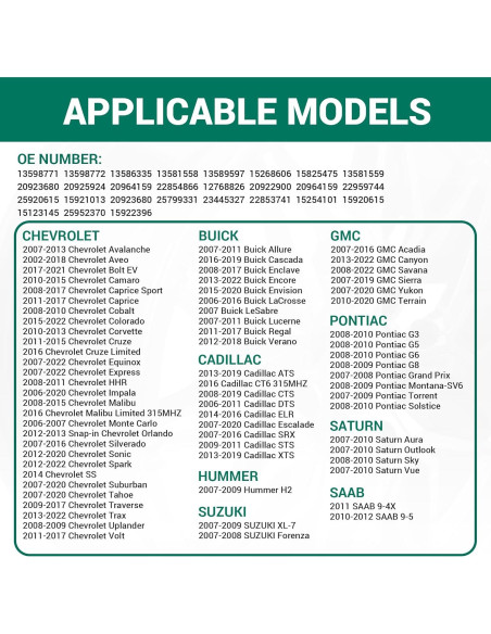 Sensor TPMS CDWTPS 315Mhz para Chevy GMC Cadillac 4 Piezas
