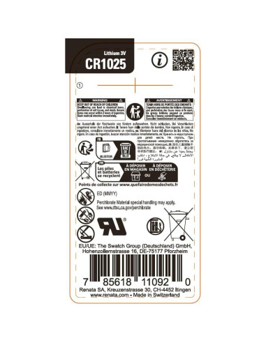 Batería de Litio Renata CR1025 3V Hecho en Suiza