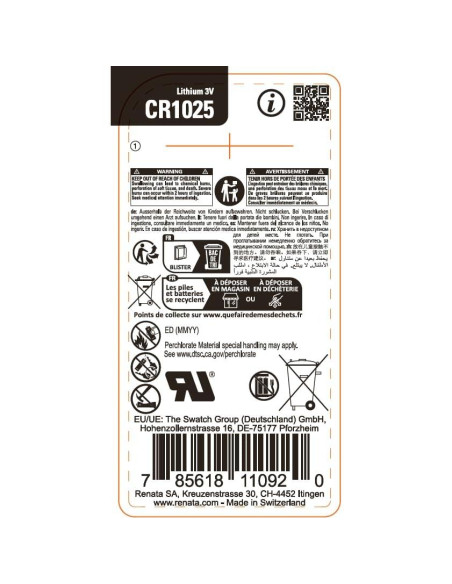Batería de Litio Renata CR1025 3V Hecho en Suiza