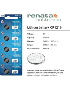 Baterías de Litio Renata CR1216 - 5 Unidades 3V 30mAh 2