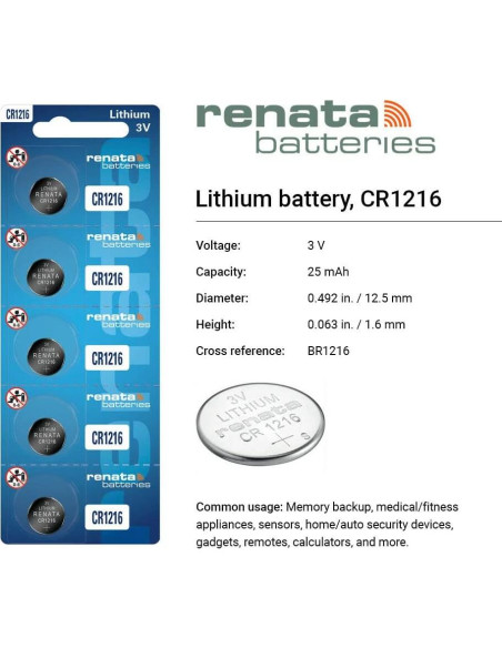 Baterías de Litio Renata CR1216 - 5 Unidades 3V 30mAh