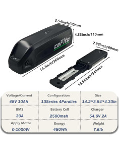 Batería de Ebike 48V 10Ah Cefito con Cargador Rápido 2A 2