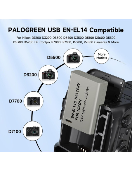 Batería de Reemplazo USB C Palogreen EN-EL14 para Nikon