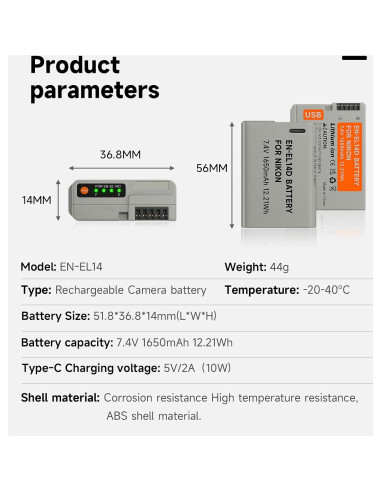Batería de Reemplazo USB C Palogreen EN-EL14 para Nikon