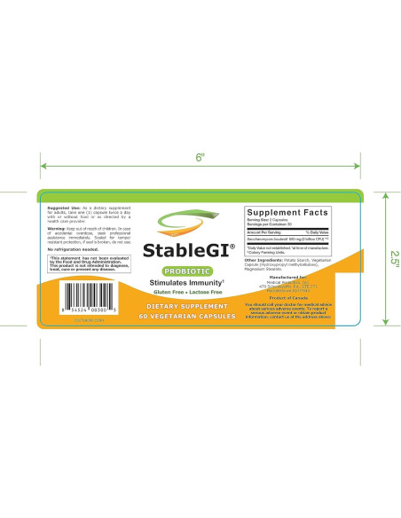 Suplemento Probiotico StableGI - Saccharomyces Boulardii 60 Cápsulas Vegetarianas