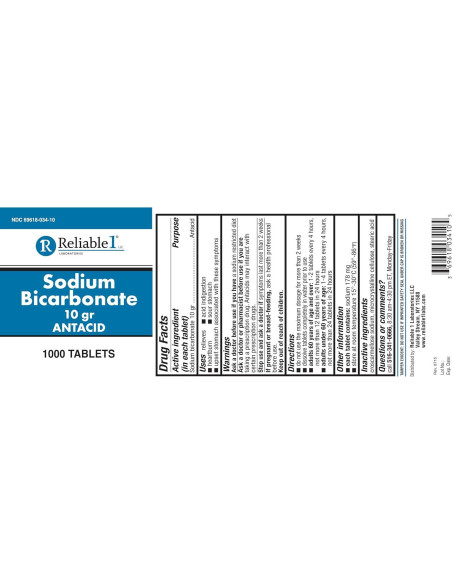 Tabletas Antiácidas de Bicarbonato de Sodio Reliable-1 1000 Unidades