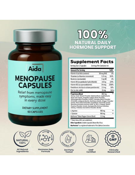 Cápsulas Aida Menopausia - Suplemento Hormonal con Ashwagandha y Maca - 60 Cápsulas