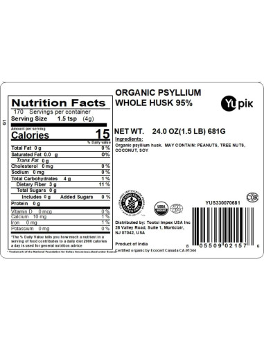 Psyllium Orgánico Yupik 680 g - Fibra Soluble, Sin Gluten