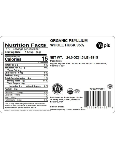 Psyllium Orgánico Yupik 680 g - Fibra Soluble, Sin Gluten