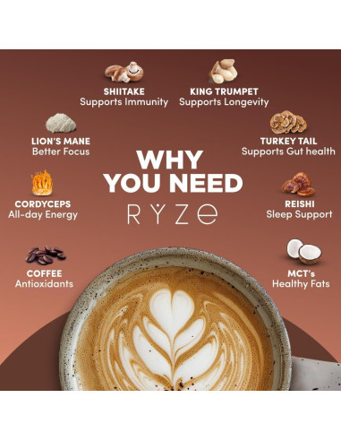 Café de Champiñones Tostado Oscuro RYZE 178.6g - Energía y Enfoque