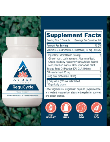 Suplemento Ayush Herbs Regu-Cycle 60 Cápsulas Vegetarianas - Equilibrio Hormonal Femenino