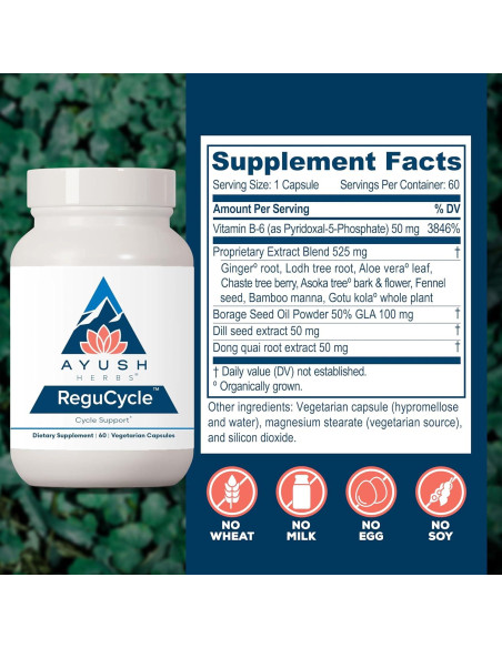 Suplemento Ayush Herbs Regu-Cycle 60 Cápsulas Vegetarianas - Equilibrio Hormonal Femenino