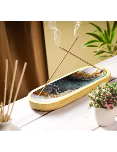 Soporte de Incienso Yajna de Madera Ágata Verde Blanca