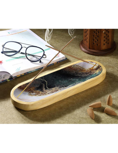 Soporte de Incienso Yajna de Madera Ágata Verde Blanca