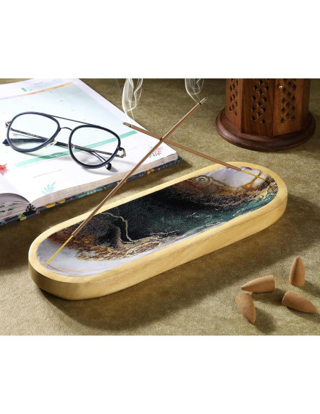 Soporte de Incienso Yajna de Madera Ágata Verde Blanca