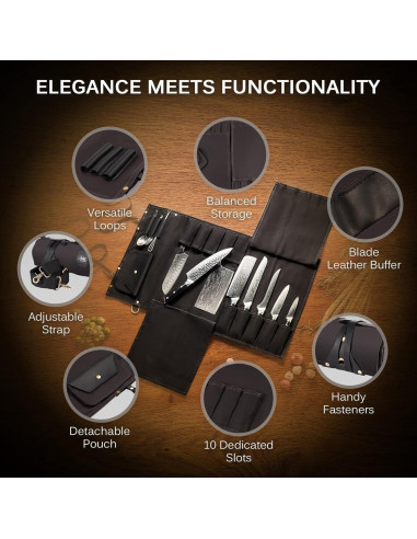 Bolsa de cuchillos KYOKU negra, 10 ranuras, cuero y lona