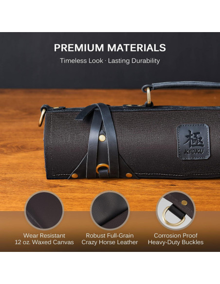 Bolsa de cuchillos KYOKU negra, 10 ranuras, cuero y lona