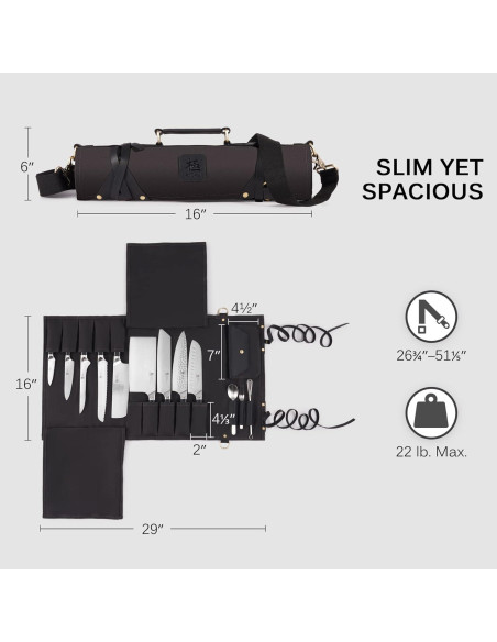 Bolsa de cuchillos KYOKU negra, 10 ranuras, cuero y lona