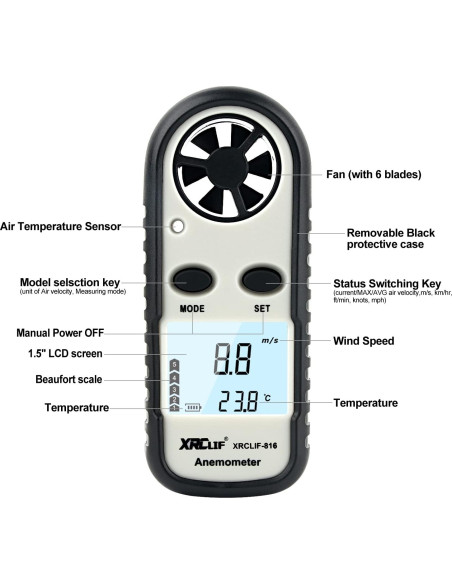 Anemómetro Digital XRCLIF de Mano con Termómetro - 0-30 m/s